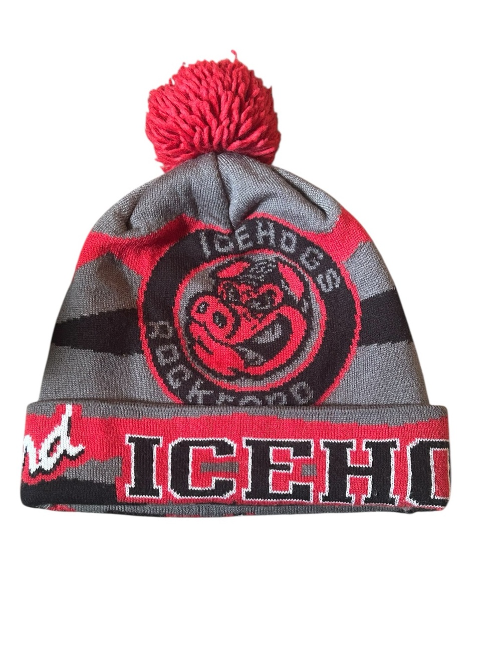 Vintage Reebok Rockford IceHogs AHL Hockey Cuffed Pom Beanie Hat Gray Red Black